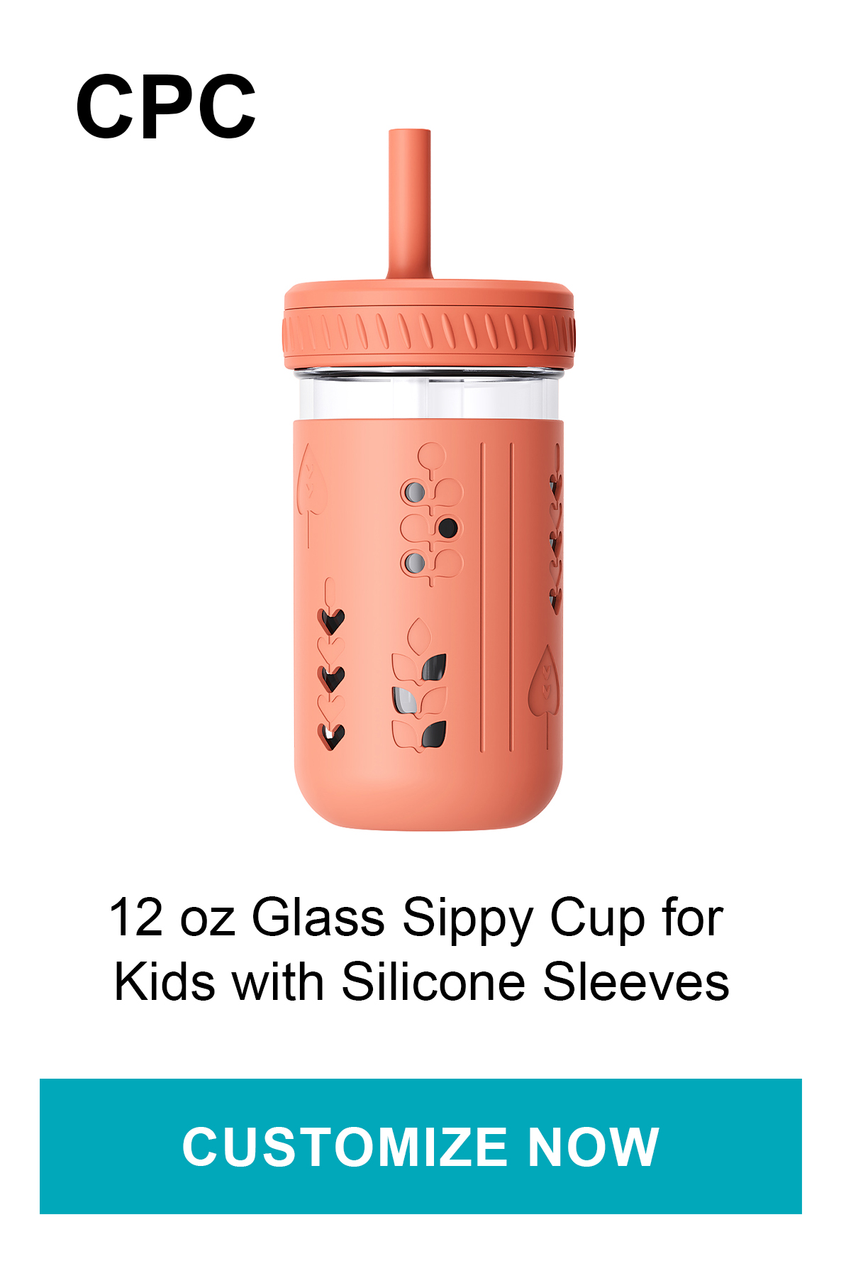 12 oz custom kids glass sippy cup with silicone sleeve and straw top
